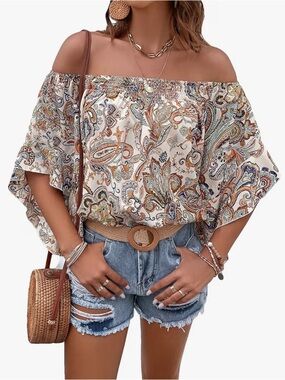 WDIRARA | Women's Paisley Print Off The Shoulder Flounce Sleeve Blouse size M
